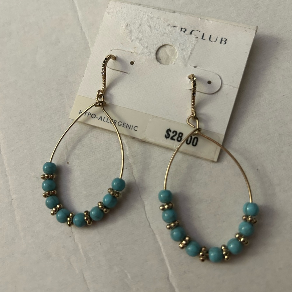 * Charter Club Dangle Pierced Earrings Blue Beads on Oval Drop Hoop *